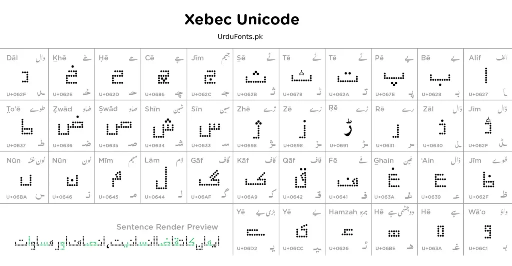 Xebec Unicode Urdu Font Character Map